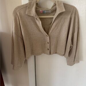 Cropped Collared Knit Top and Pants in Beige and cream